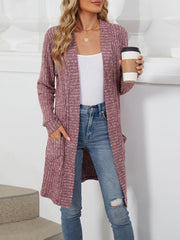 Solid Color Open Front Long Sleeves Pockets Mid-Length Cardigan