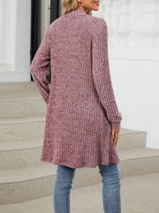 Solid Color Open Front Long Sleeves Pockets Mid-Length Cardigan