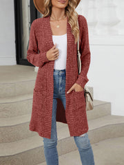 Solid Color Open Front Long Sleeves Pockets Mid-Length Cardigan