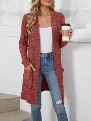 Solid Color Open Front Long Sleeves Pockets Mid-Length Cardigan