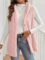 Solid Color Hooded Button Down Furry Sleeveless Vest