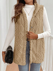 Solid Color Hooded Button Down Furry Sleeveless Vest