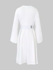 Round Neck Puff Sleeves Belted Midi Work Dress