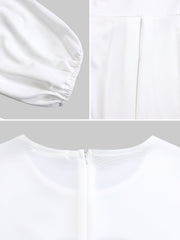 Round Neck Puff Sleeves Belted Midi Work Dress