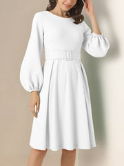 Round Neck Puff Sleeves Belted Midi Work Dress