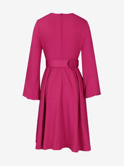 Round Neck Puff Sleeves Belted Midi Work Dress
