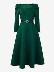 Puff Sleeve Square Neck Belted Midi Dress