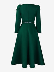 Puff Sleeve Square Neck Belted Midi Dress