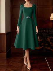 Puff Sleeve Square Neck Belted Midi Dress