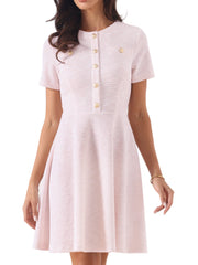 Tweed Button Decor Round Neck Short Sleeve A-Line Mini Dress