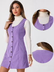 Corduroy Overall Scoop Neck Sleeveless Button Pinefore Dress