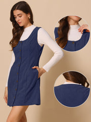 Corduroy Overall Scoop Neck Sleeveless Button Pinefore Dress