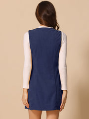 Corduroy Overall Scoop Neck Sleeveless Button Pinefore Dress