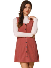 Corduroy Overall Scoop Neck Sleeveless Button Pinefore Dress