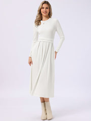 Crew Neck Long Sleeve Pocketed A-Line Sweater Dresses
