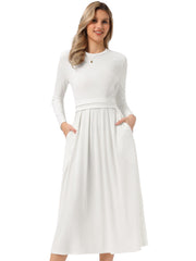 Crew Neck Long Sleeve Pocketed A-Line Sweater Dresses