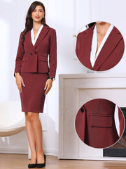 2 Pieces Notched Lapel Double Breasted Blazer & Midi Pencil Skirt Formal Suit Set
