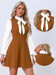 Patchwork Contrast Color Long Sleeve Tie Neck Mini Dress