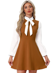 Patchwork Contrast Color Long Sleeve Tie Neck Mini Dress