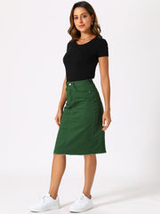 Casual High Waist Back Slit Stretch Denim Midi Jean Skirt