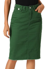 Casual High Waist Back Slit Stretch Denim Midi Jean Skirt