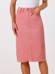 Casual High Waist Back Slit Stretch Denim Midi Jean Skirt