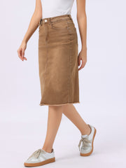 Casual High Waist Back Slit Stretch Denim Midi Jean Skirt