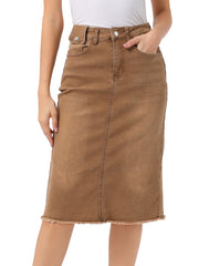 Casual High Waist Back Slit Stretch Denim Midi Jean Skirt