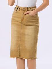 Casual High Waist Back Slit Stretch Denim Midi Jean Skirt