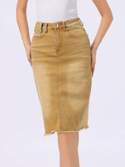 Casual High Waist Back Slit Stretch Denim Midi Jean Skirt