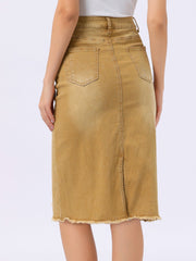 Casual High Waist Back Slit Stretch Denim Midi Jean Skirt