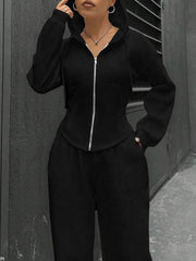 2 Pieces Hooded Zipper Jacket & Elastic Waist Sweatpants Set