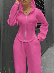 2 Pieces Hooded Zipper Jacket & Elastic Waist Sweatpants Set