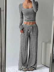 2 Pieces Square Neck Striped Cropped Top & Sweatpants Set