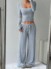 2 Pieces Square Neck Striped Cropped Top & Sweatpants Set