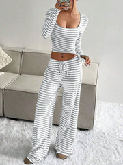 2 Pieces Square Neck Striped Cropped Top & Sweatpants Set