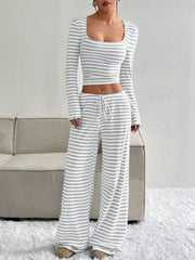 2 Pieces Square Neck Striped Cropped Top & Sweatpants Set