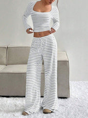 2 Pieces Square Neck Striped Cropped Top & Sweatpants Set