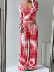 2 Pieces Square Neck Striped Cropped Top & Sweatpants Set