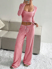 2 Pieces Square Neck Striped Cropped Top & Sweatpants Set