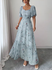 Floral Print Ruffled Sleeve Ruched Wedding Maxi Dress