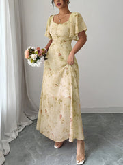 Floral Print Ruffled Sleeve Ruched Wedding Maxi Dress