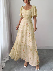 Floral Print Ruffled Sleeve Ruched Wedding Maxi Dress