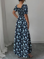 Floral Ruffled Square Neck Puff Sleeves Maxi Dress