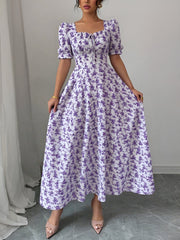 Floral Ruffled Square Neck Puff Sleeves Maxi Dress