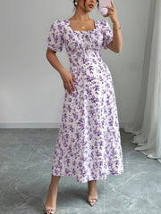 Floral Ruffled Square Neck Puff Sleeves Maxi Dress