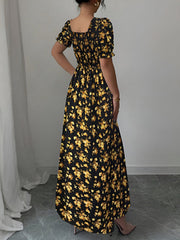 Floral Ruffled Square Neck Puff Sleeves Maxi Dress
