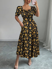 Floral Ruffled Square Neck Puff Sleeves Maxi Dress