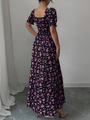 Floral Ruffled Square Neck Puff Sleeves Maxi Dress