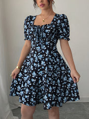 Floral Puff Sleeves Ruffled Smocked Back Mini Dress